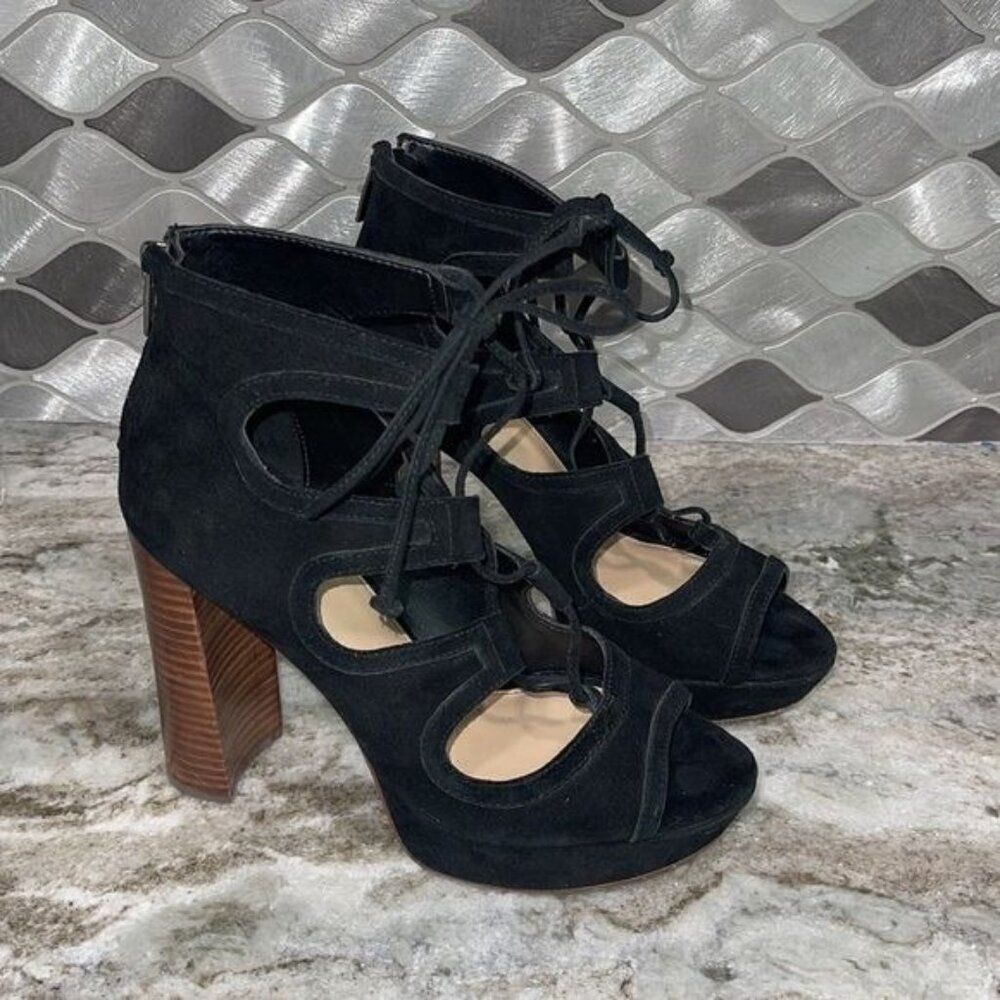 Vince Camuto Women Black Suede Lace-up Hight Block Heels Size 8